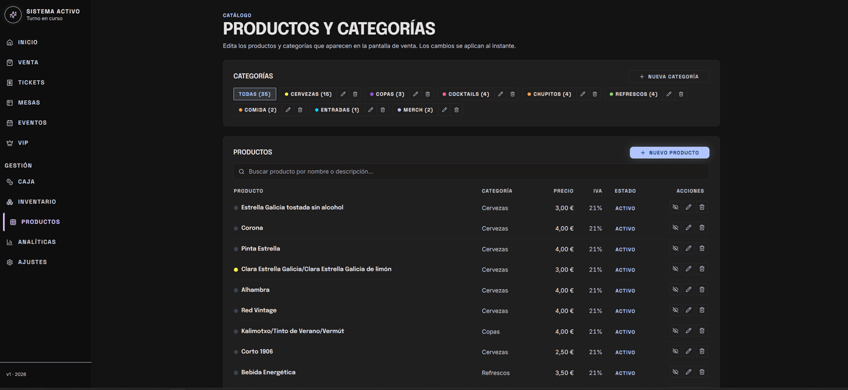 VenueOS — Panel de administración de productos y categorías con tabla de productos, precios, IVA y estados.