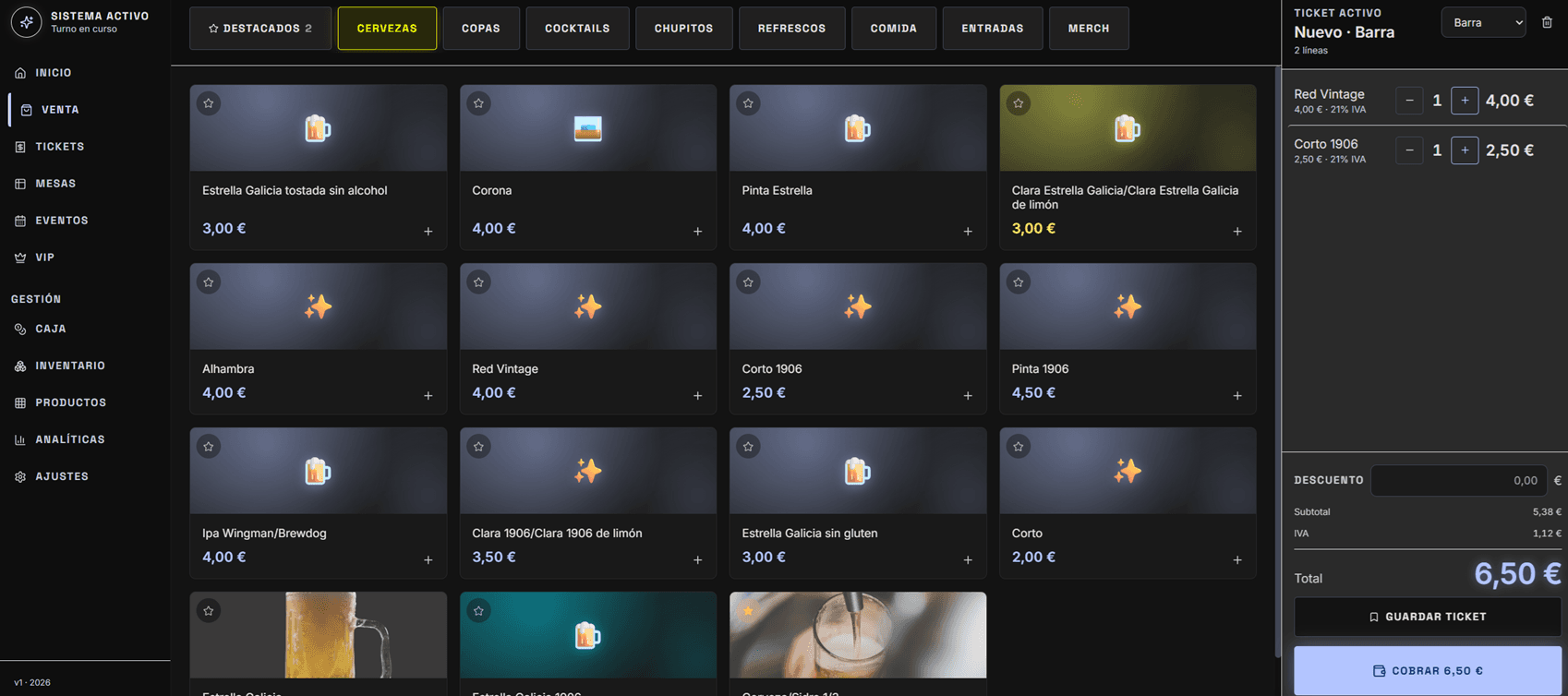 VenueOS — TPV en vivo durante una sesión: grid de productos por categoría y ticket de barra activo con totales.
