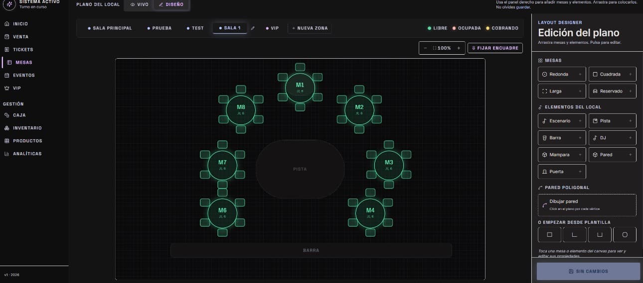 VenueOS — Editor de plano del local con mesas, escenario, pista y barra. Múltiples zonas configurables.